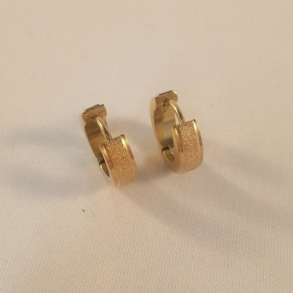 Mens Gold Stainless Steel Frosted Sandblast Hoop Earrings 14mm Party Gift - Picture 3 of 5